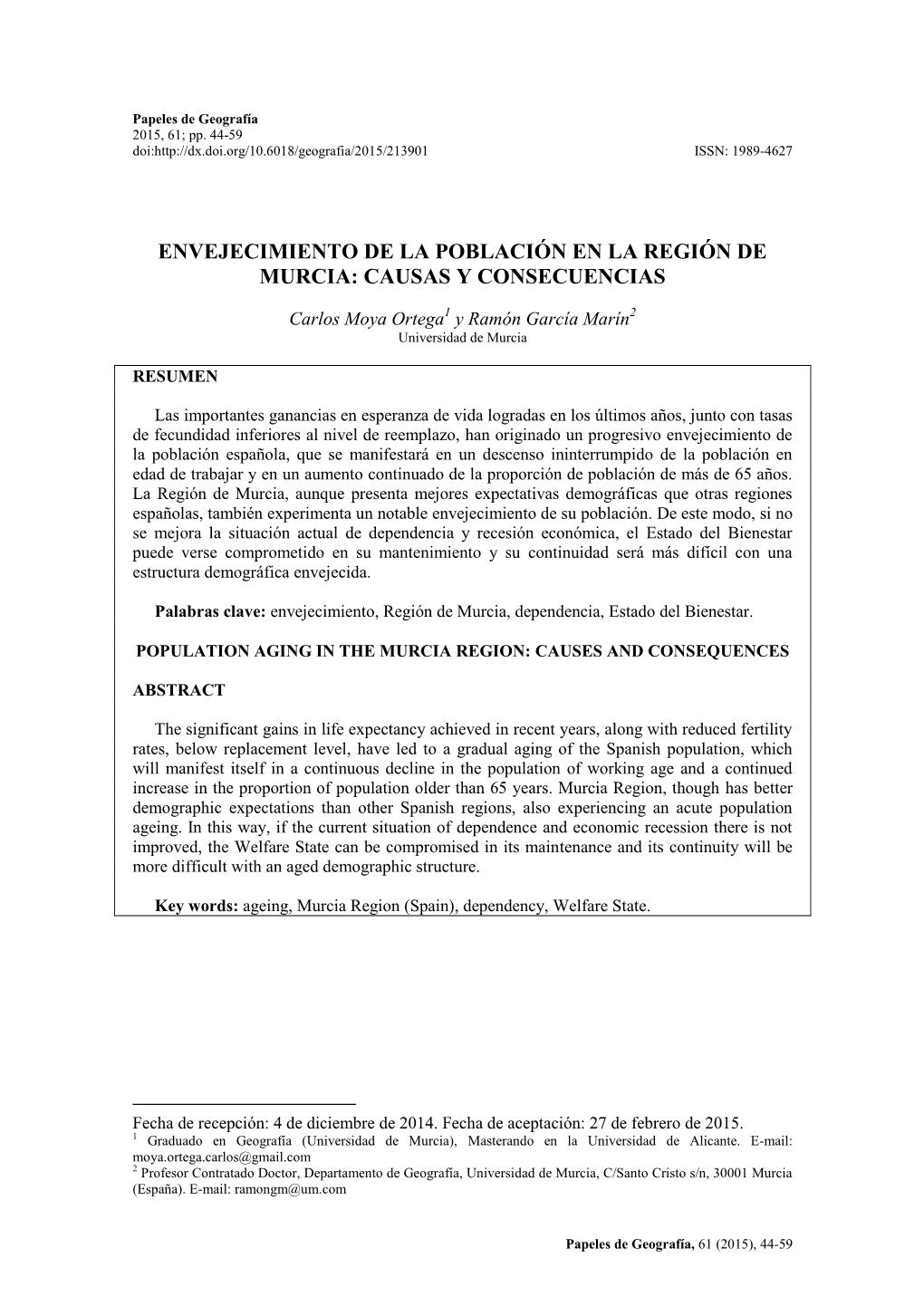 Envejecimiento De La Población En La Región De Murcia: Causas Y Consecuencias