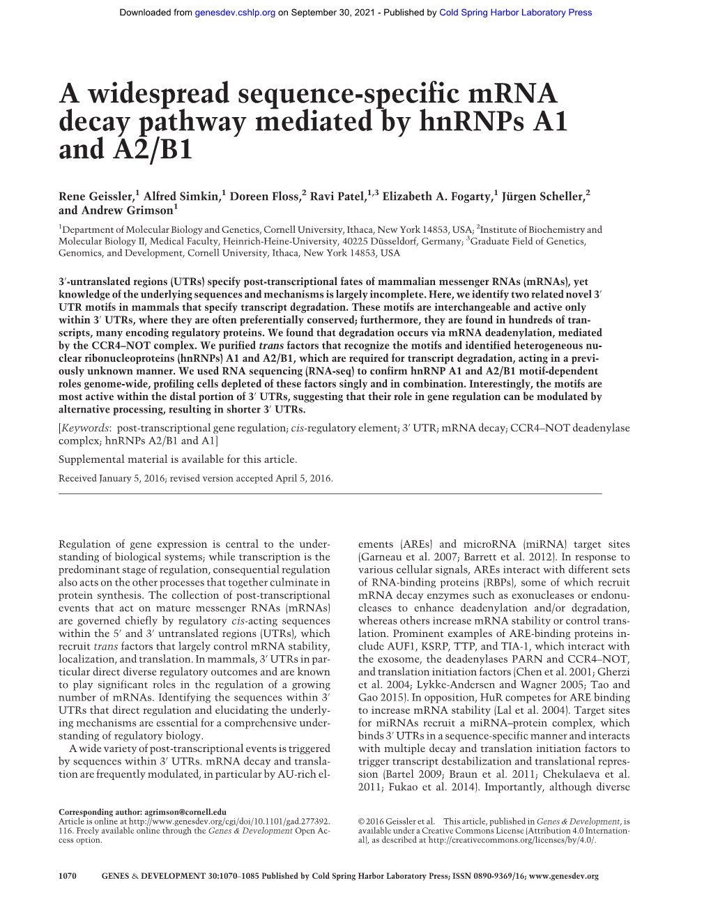 A Widespread Sequence-Specific Mrna Decay Pathway Mediated by Hnrnps A1 and A2/B1