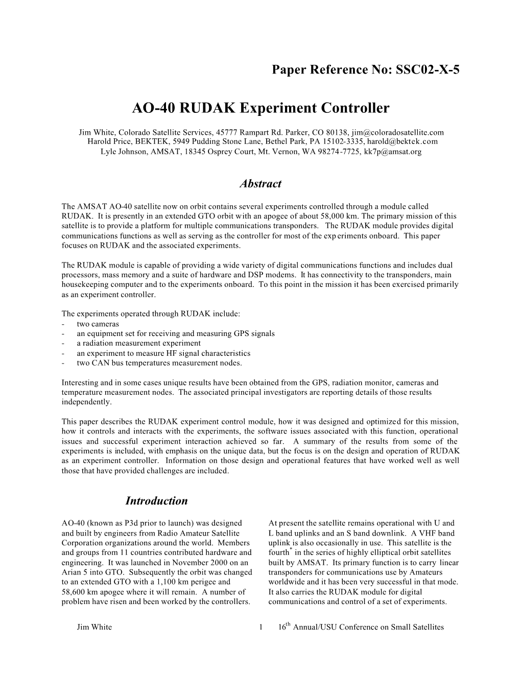 AO-40 RUDAK Experiment Controller