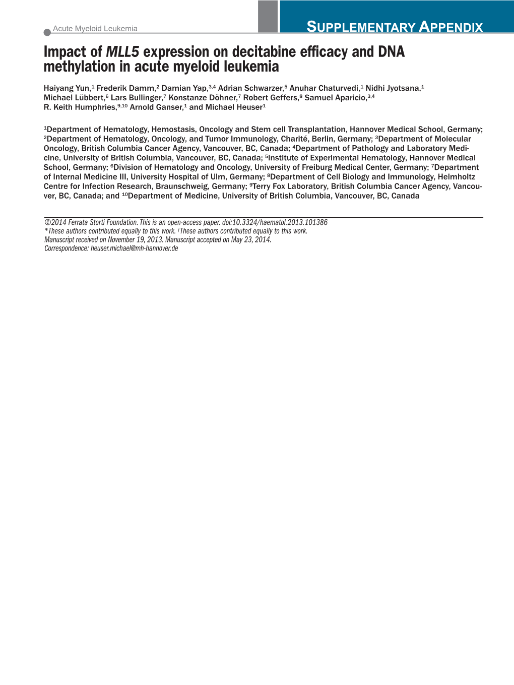 Impact of MLL5 Expression on Decitabine Efficacy and DNA Methylation in Acute Myeloid Leukemia