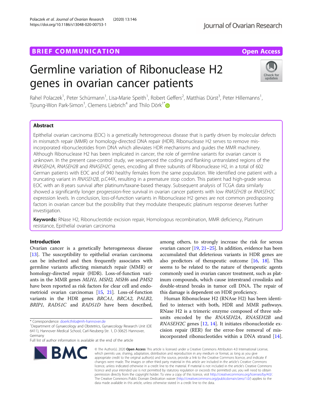 Germline Variation of Ribonuclease H2 Genes in Ovarian Cancer Patients