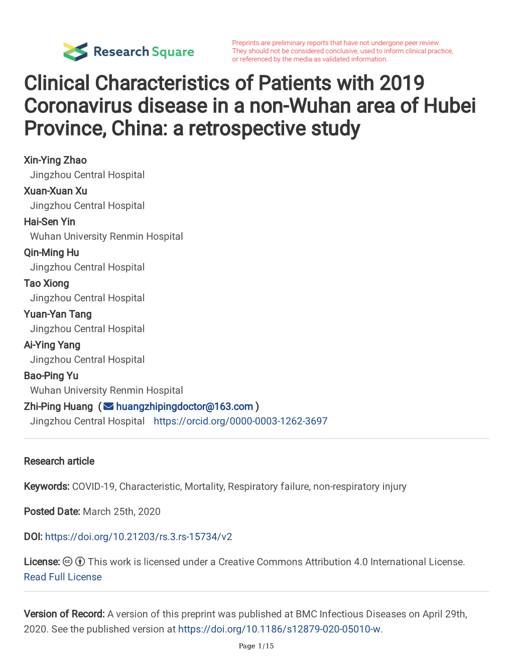Clinical Characteristics of Patients with 2019 Coronavirus Disease in a Non-Wuhan Area of Hubei Province, China: a Retrospective Study