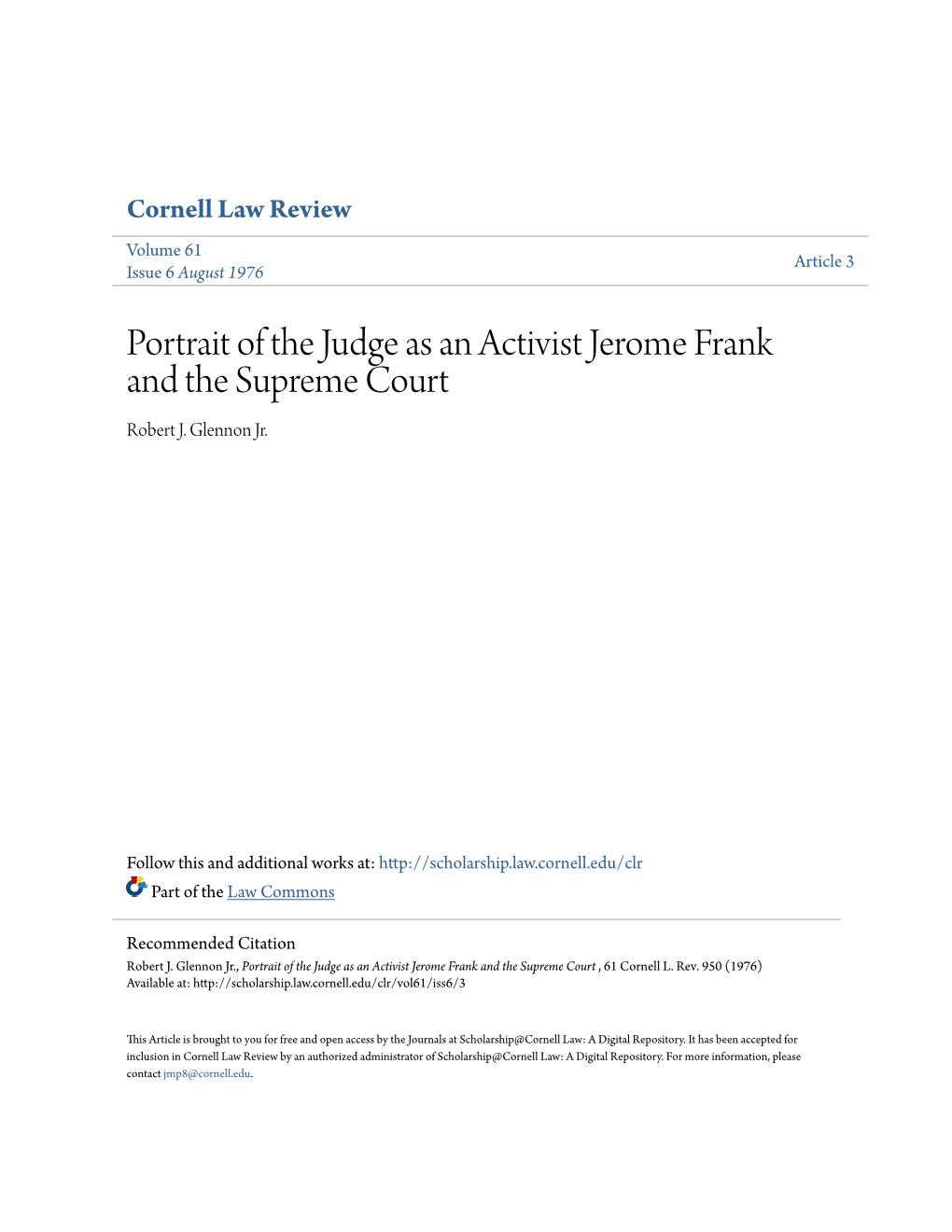 Portrait of the Judge As an Activist Jerome Frank and the Supreme Court Robert J