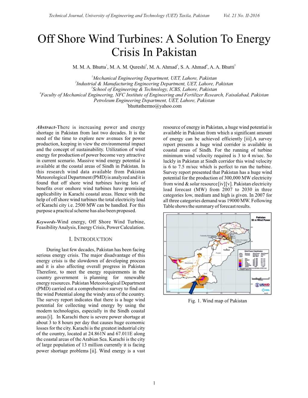 Off Shore Wind Turbines: a Solution to Energy Crisis in Pakistan