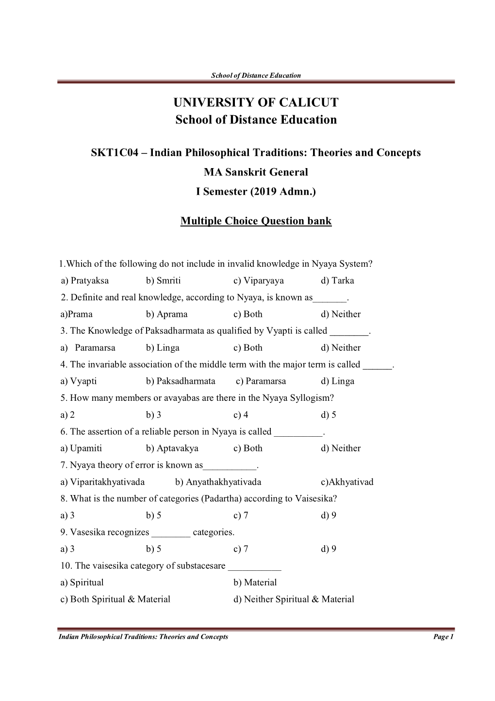 UNIVERSITY of CALICUT School of Distance Education