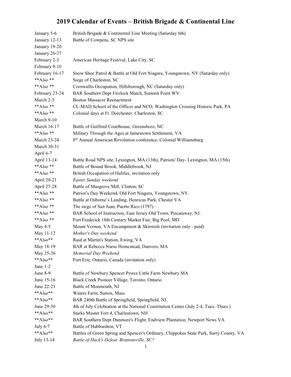 2019 Calendar of Events – British Brigade & Continental Line