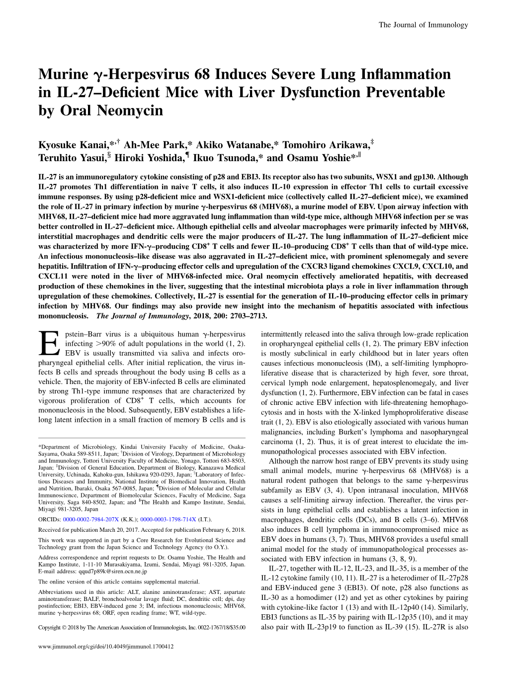 Murine Γ-Herpesvirus 68 Induces Severe Lung Inflammation in IL-27