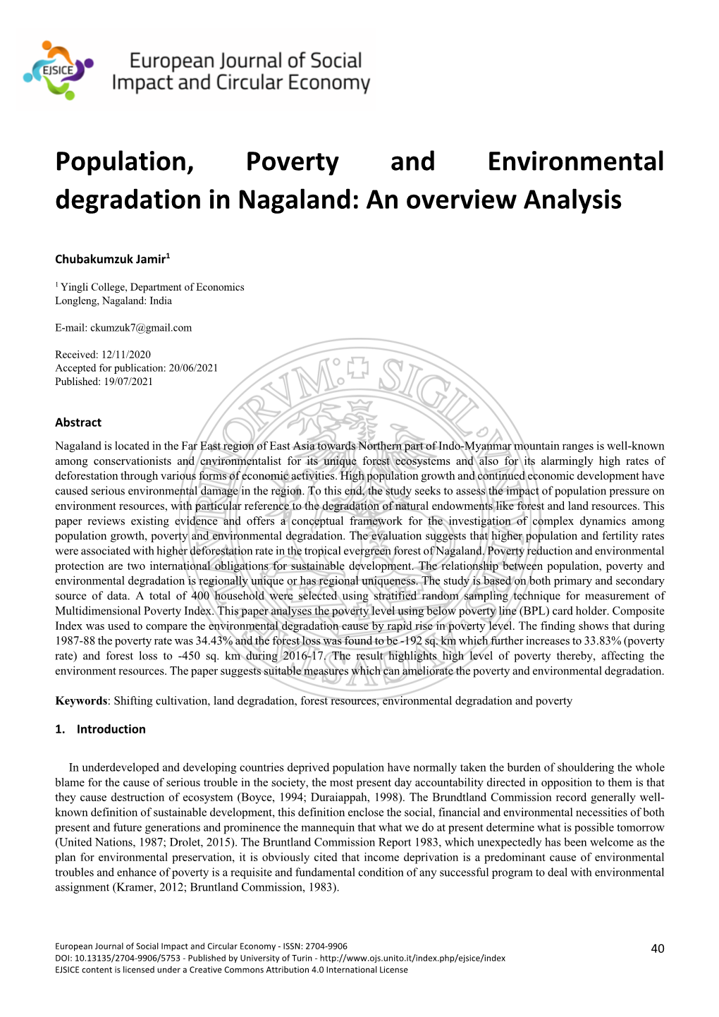 Population, Poverty and Environmental Degradation in Nagaland: an Overview Analysis