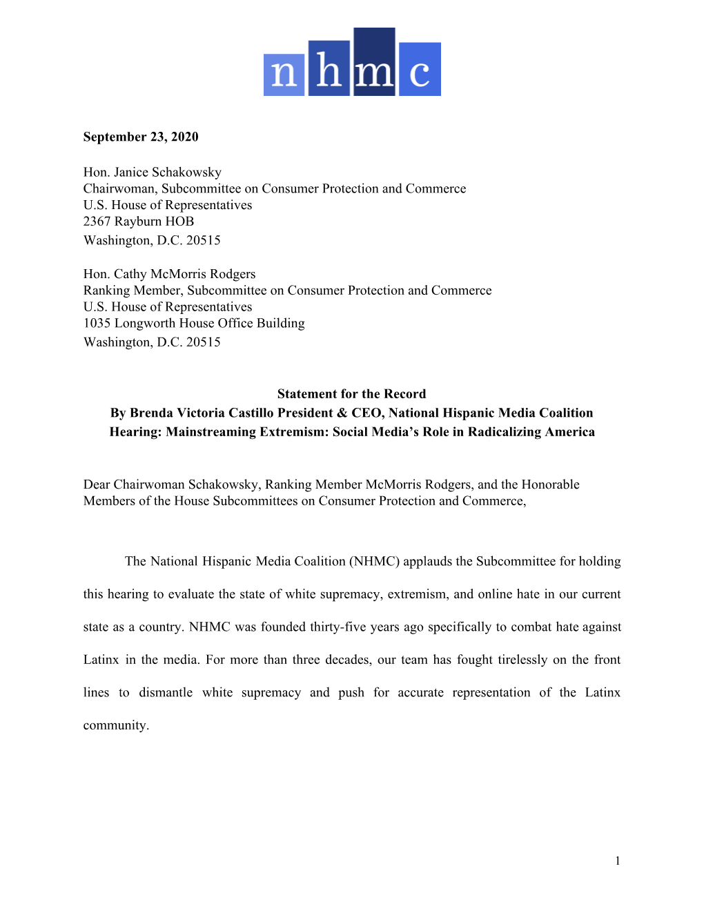 September 23, 2020 Hon. Janice Schakowsky Chairwoman