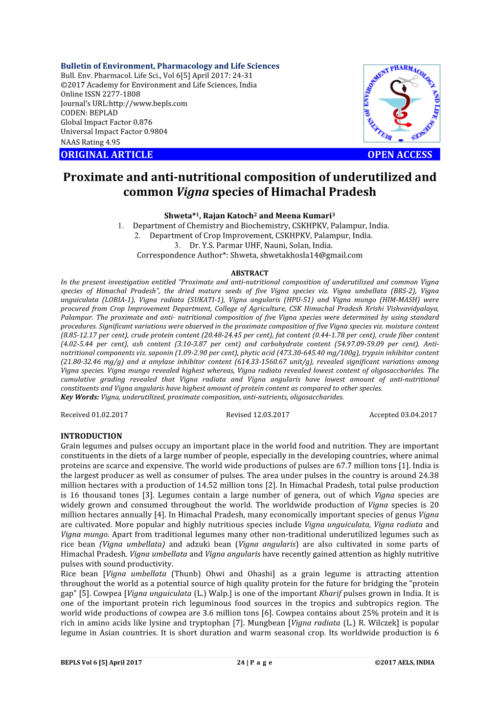 Proximate and Anti-Nutritional Composition of Underutilized and Common Vigna Species of Himachal Pradesh