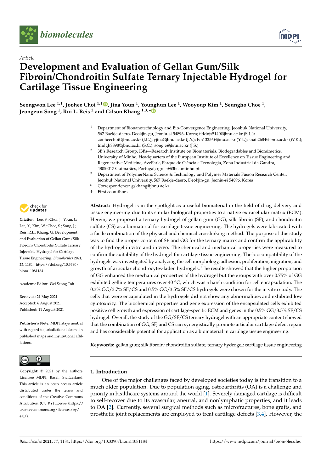 Development and Evaluation of Gellan Gum/Silk Fibroin/Chondroitin Sulfate Ternary Injectable Hydrogel for Cartilage Tissue Engineering