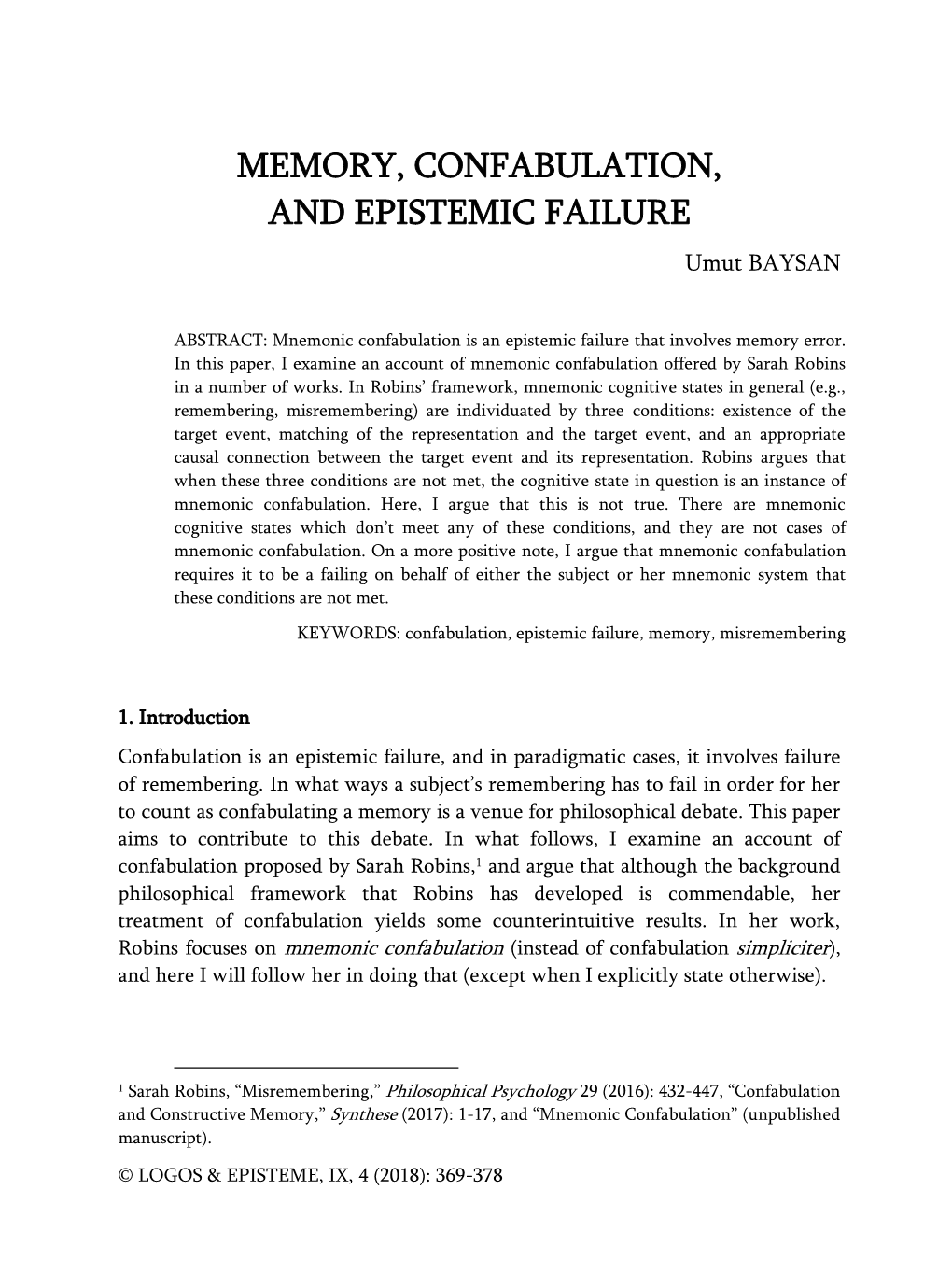 MEMORY, CONFABULATION, and EPISTEMIC FAILURE Umut BAYSAN