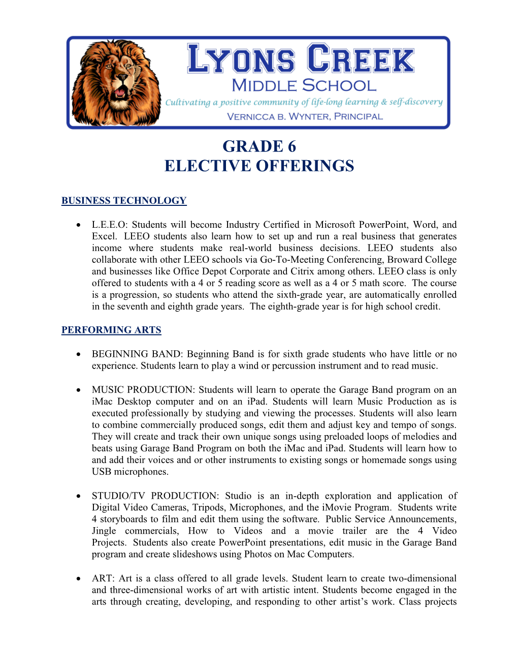 Grade 6 Elective Offerings