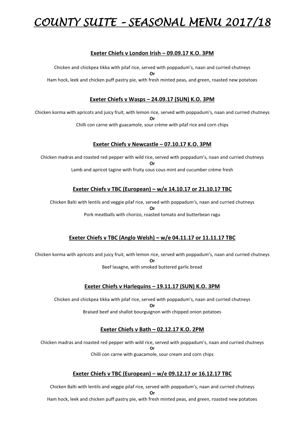 County Suite – Seasonal Menu 2017/18