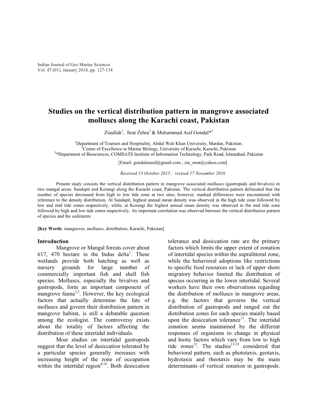 Studies on the Vertical Distribution Pattern in Mangrove Associated Molluscs Along the Karachi Coast, Pakistan