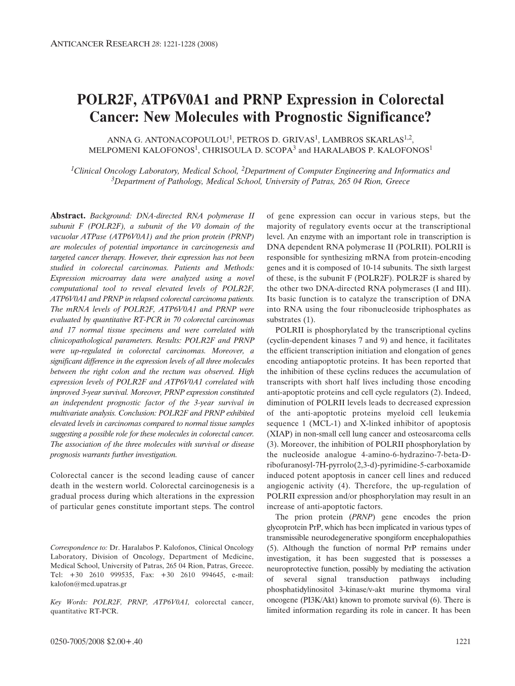 POLR2F, ATP6V0A1 and PRNP Expression in Colorectal Cancer: New Molecules with Prognostic Significance?