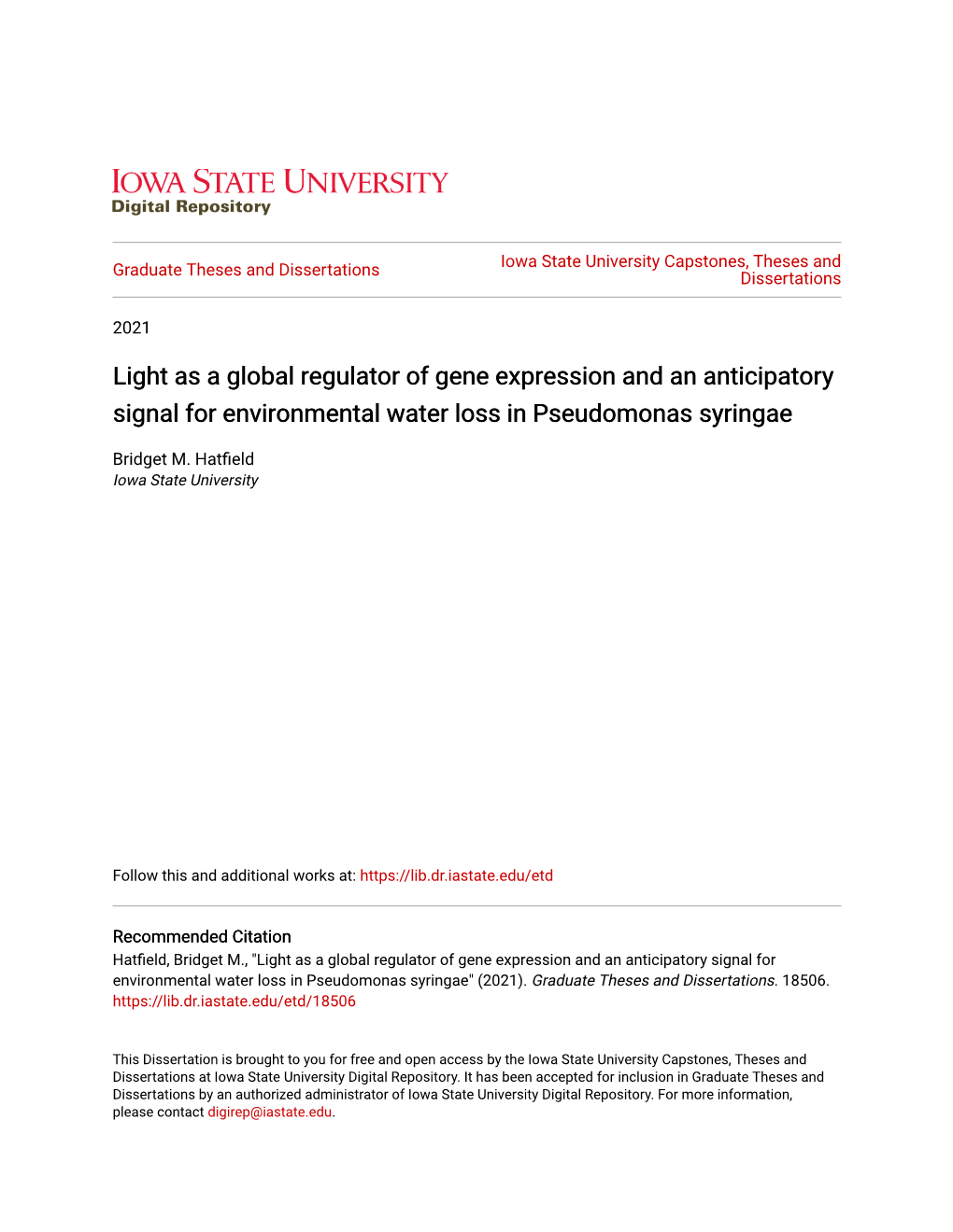 Light As a Global Regulator of Gene Expression and an Anticipatory Signal for Environmental Water Loss in Pseudomonas Syringae