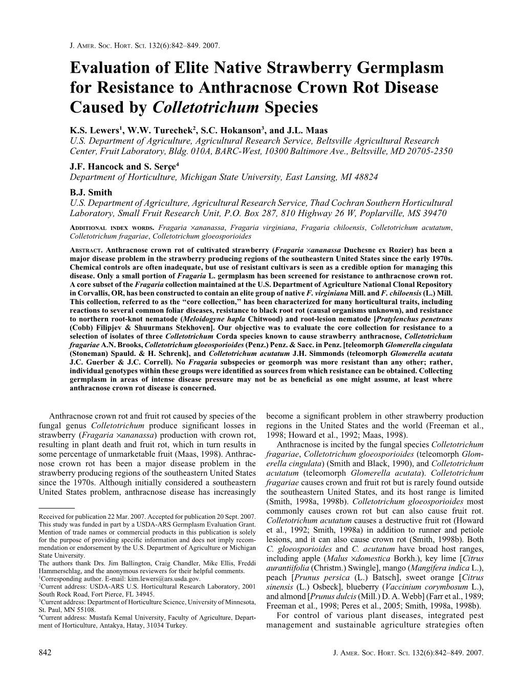 Evaluation of Elite Native Strawberry Germplasm for Resistance to Anthracnose Crown Rot Disease Caused by Colletotrichum Species