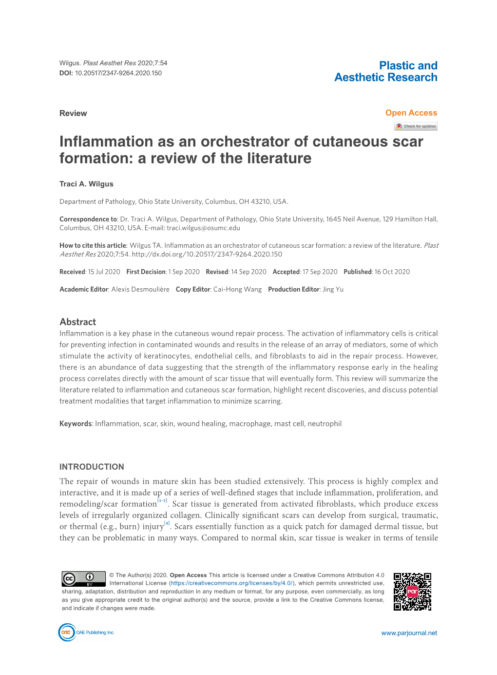 Inflammation As an Orchestrator of Cutaneous Scar Formation: a Review of the Literature