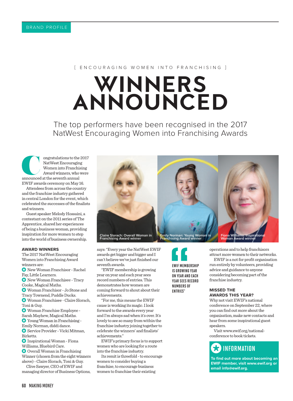 WINNERS ANNOUNCED the Top Performers Have Been Recognised in the 2017 Natwest Encouraging Women Into Franchising Awards