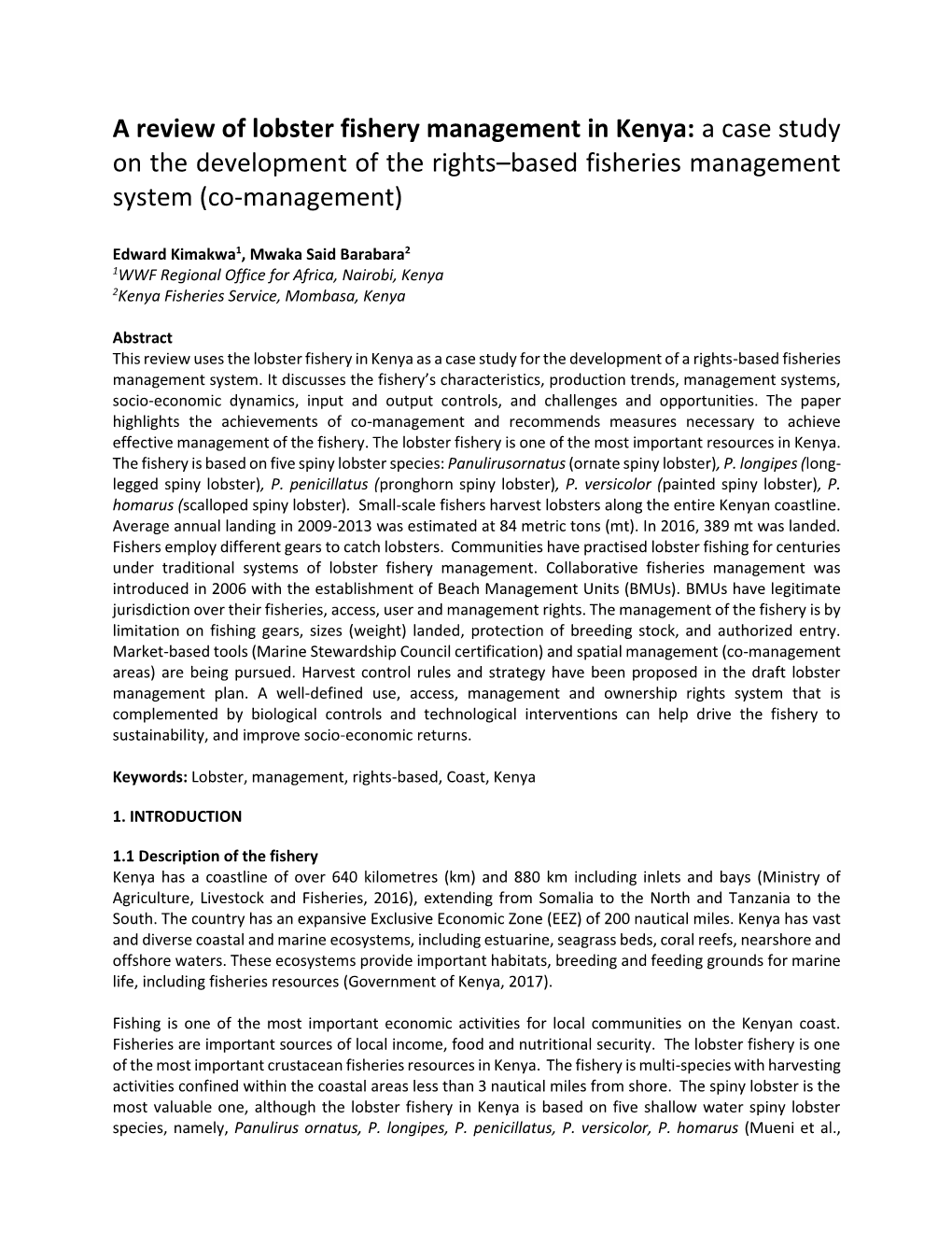 A Review of Lobster Fishery Management in Kenya: a Case Study on the Development of the Rights–Based Fisheries Management System (Co-Management)