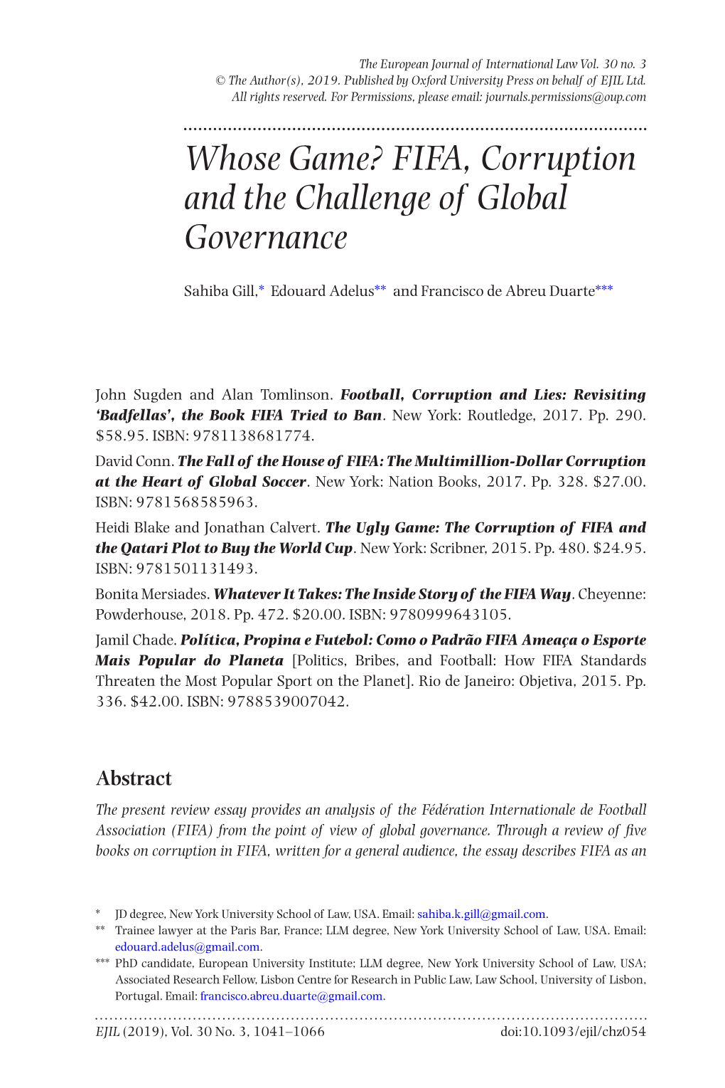 Whose Game? FIFA, Corruption and the Challenge of Global Governance