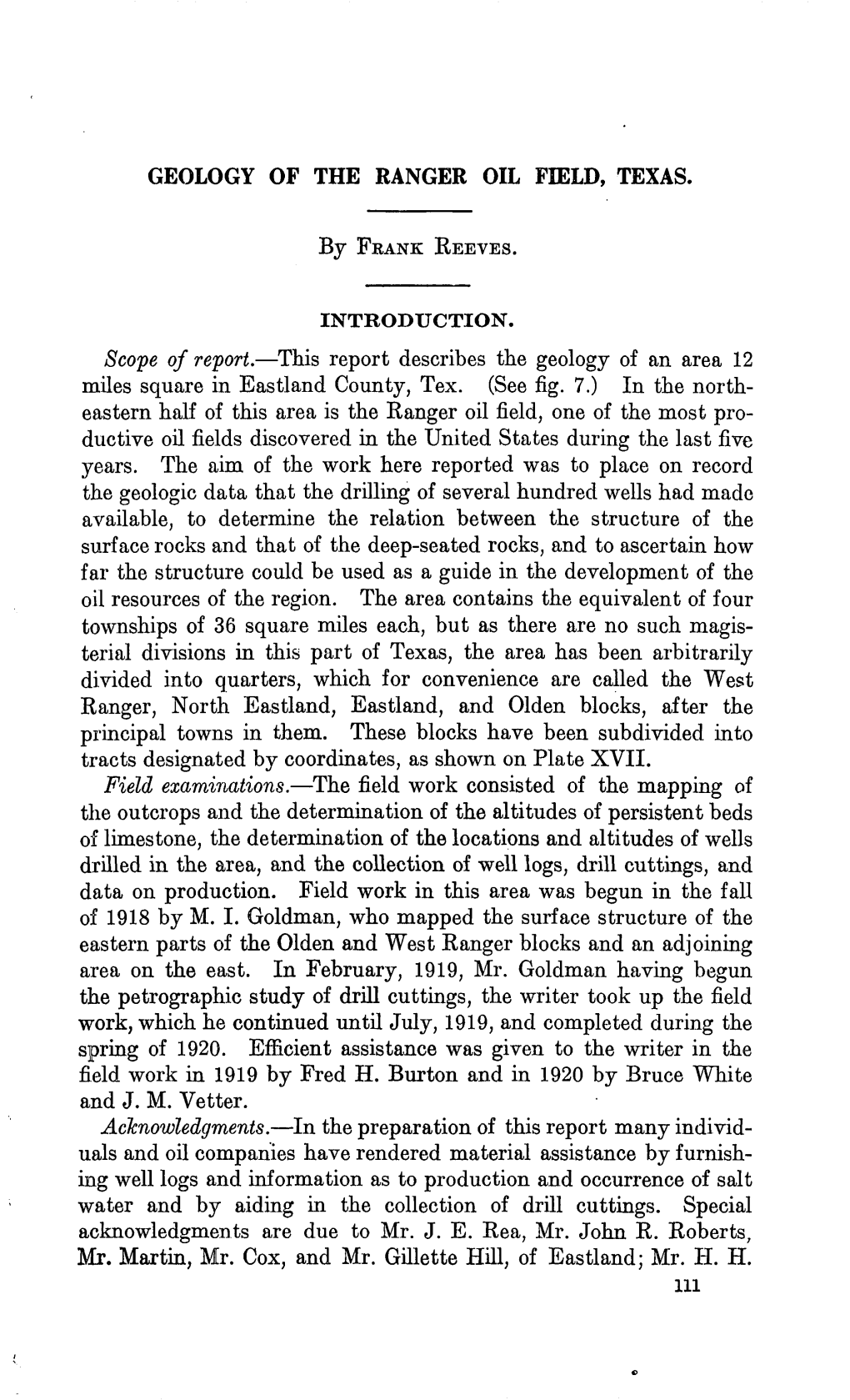 GEOLOGY of the RANGER OIL FIELD, TEXAS. by FRANK REEVES