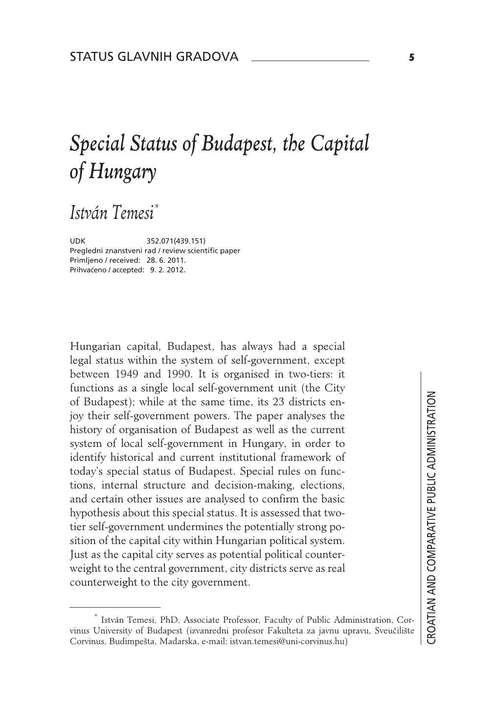 Special Status of Budapest, the Capital of Hungary