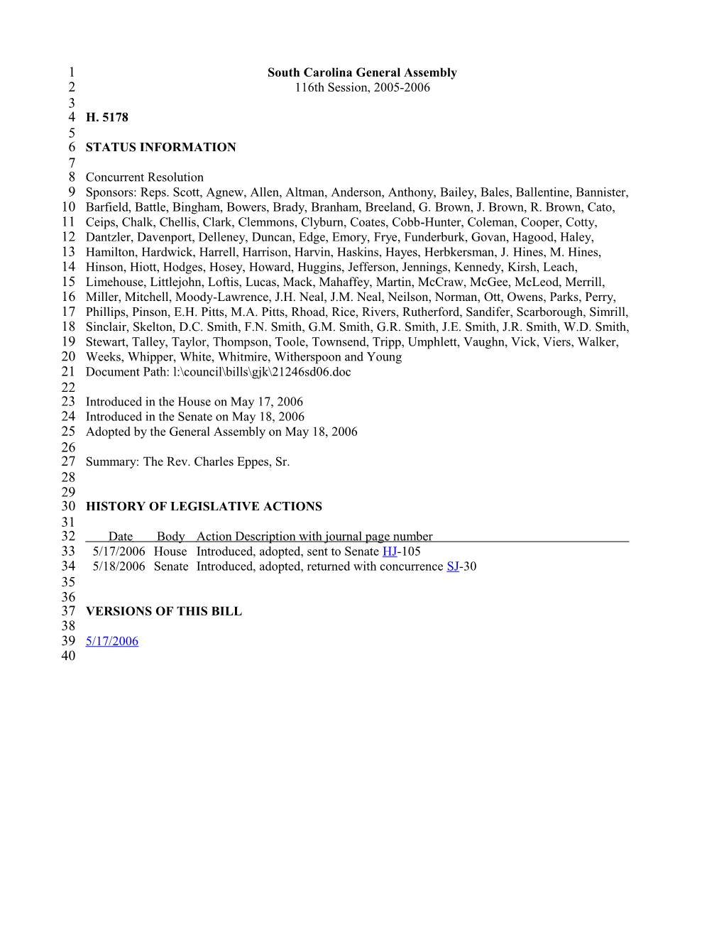 2005-2006 Bill 5178: the Rev. Charles Eppes, Sr. - South Carolina Legislature Online