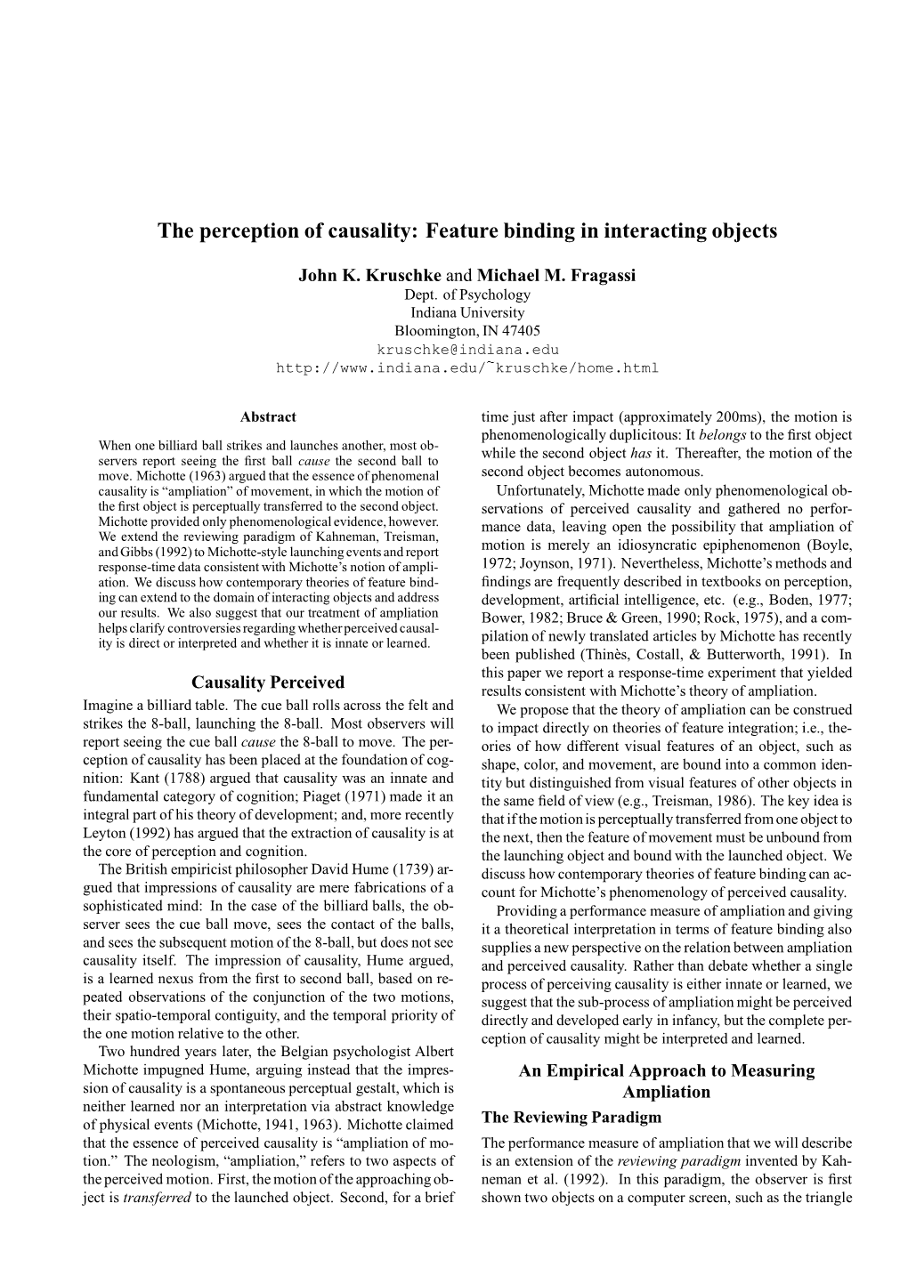 The Perception of Causality: Feature Binding in Interacting Objects