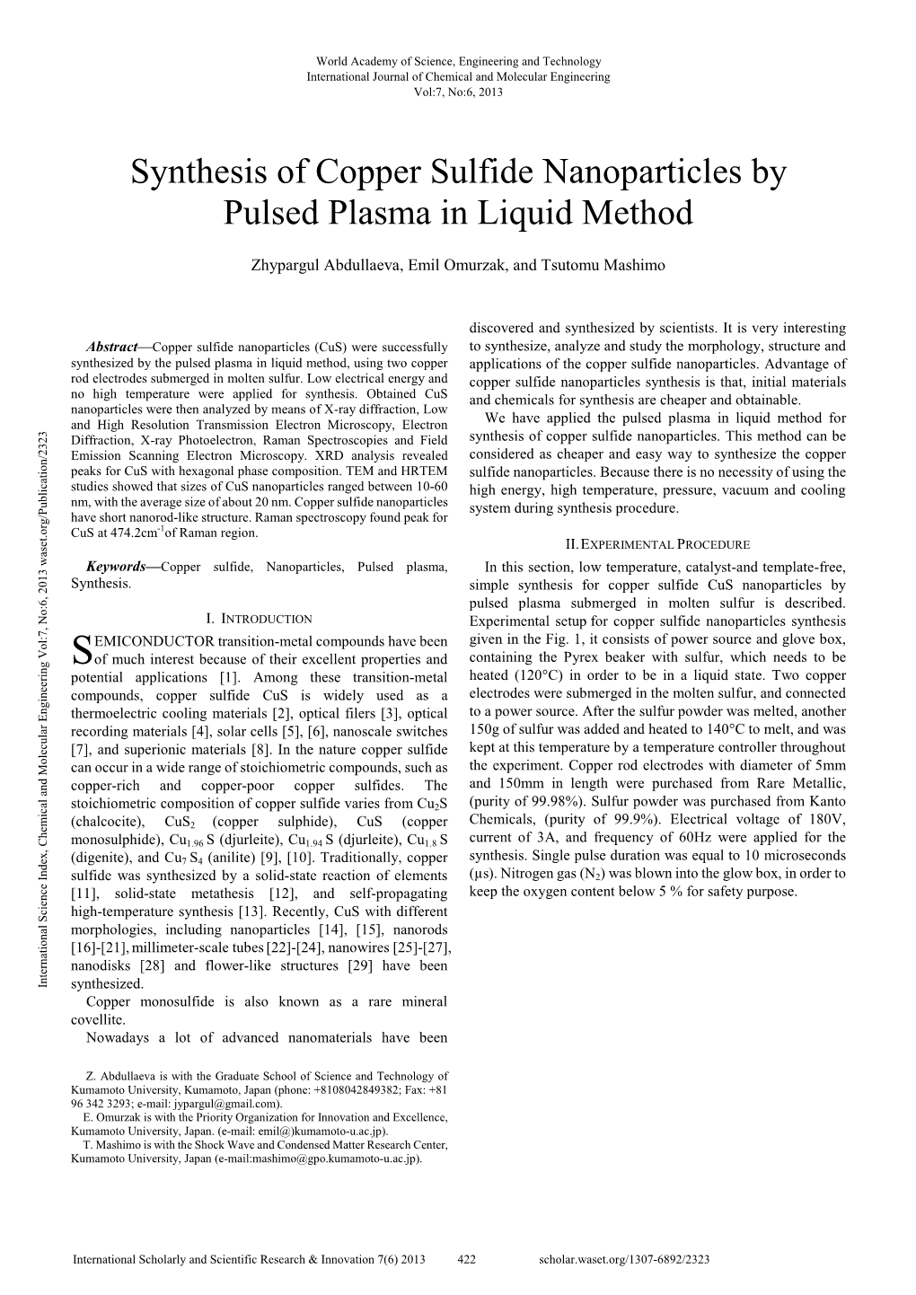 Synthesis of Copper Sulfide Nanoparticles by Pulsed Plasma in Liquid Method