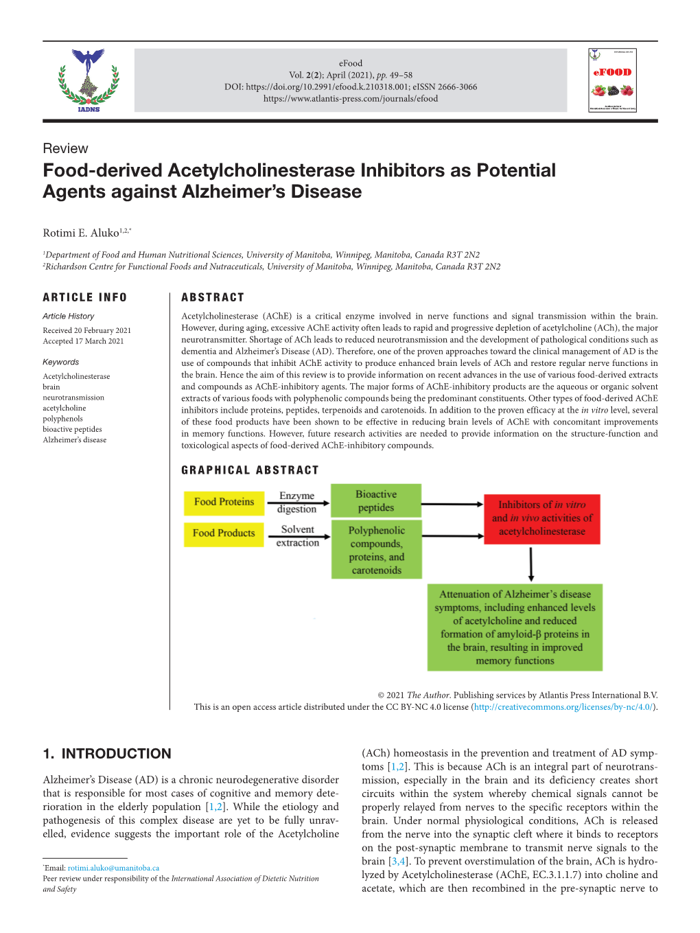 Food-Derived Acetylcholinesterase Inhibitors As Potential Agents Against Alzheimer’S Disease