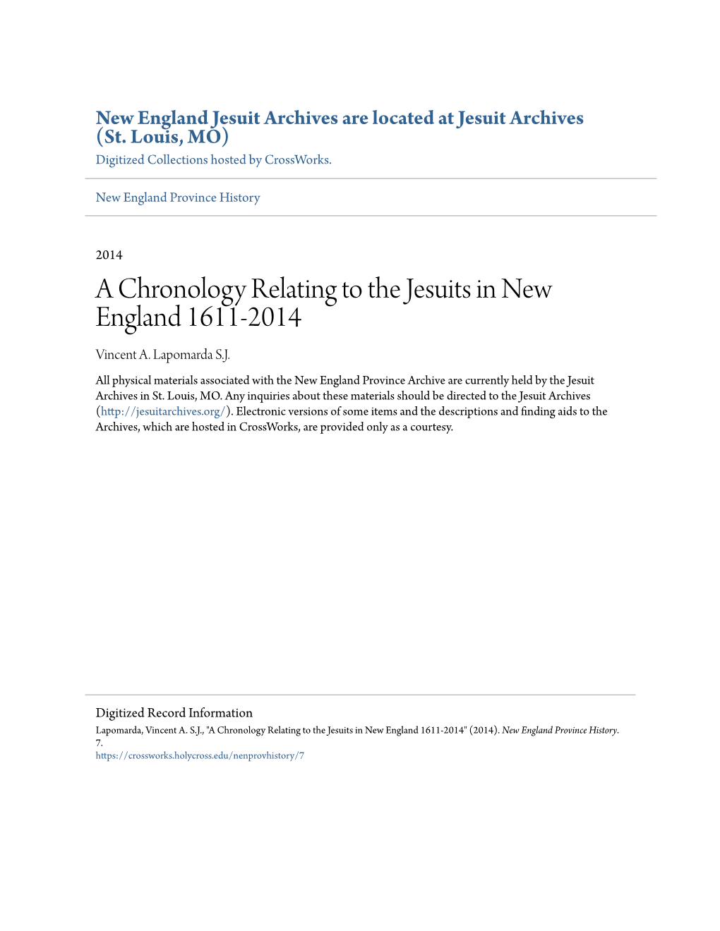 A Chronology Relating to the Jesuits in New England 1611-2014 Vincent A