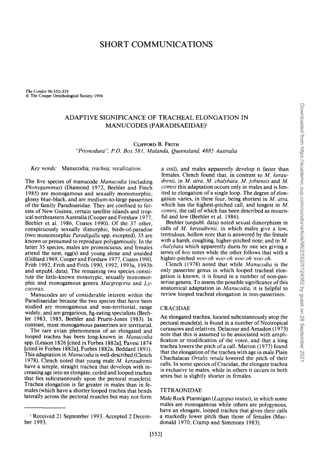 Adaptive Significance of Tracheal Elongation in Manucodes (Paradisaeidae) ’