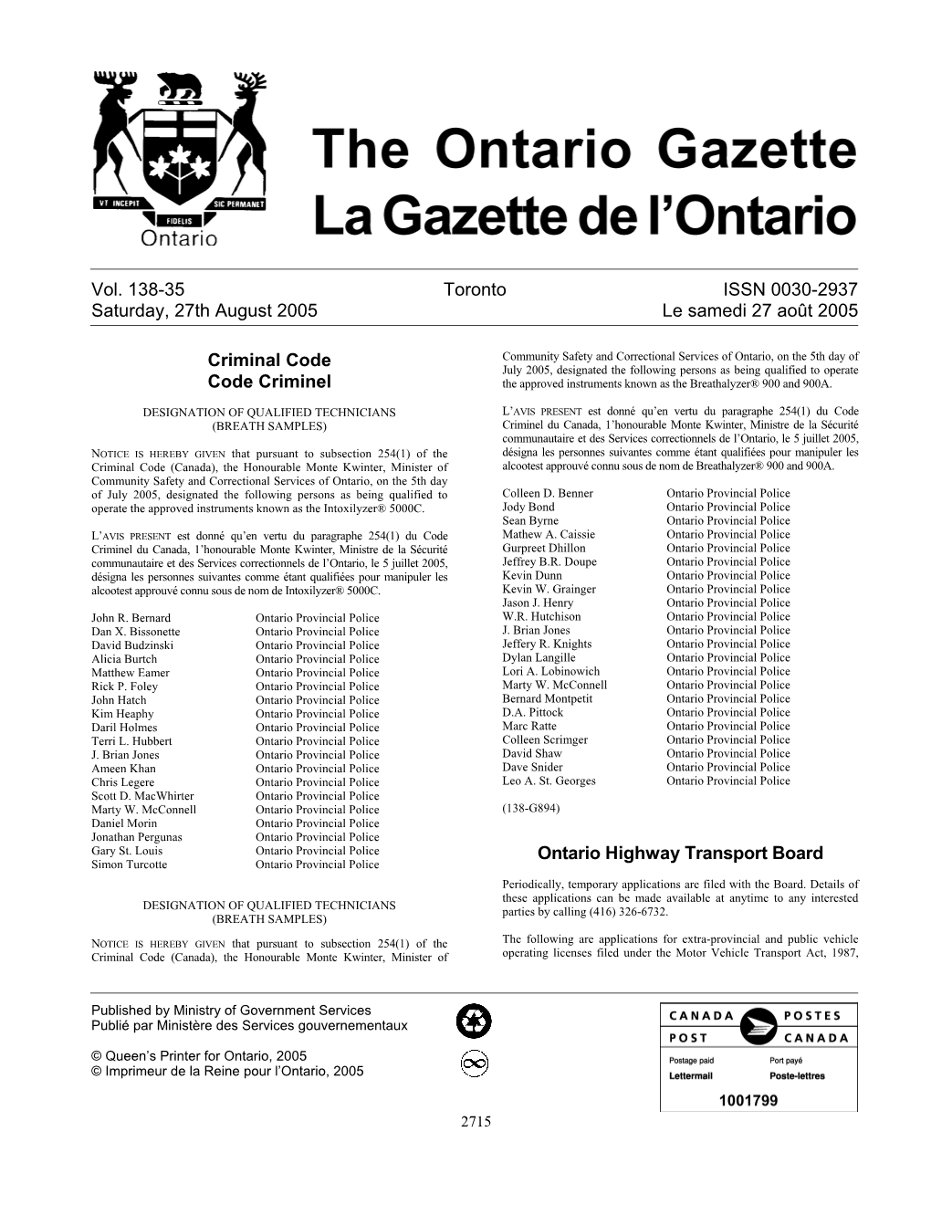 Ontario Gazette Volume 138 Issue 35, La Gazette De L'ontario Volume 138