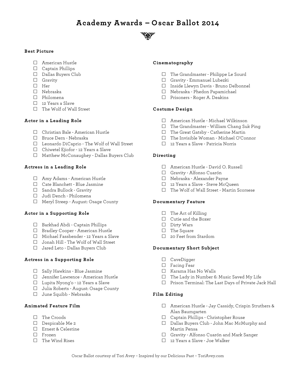 Oscar Ballot 2014