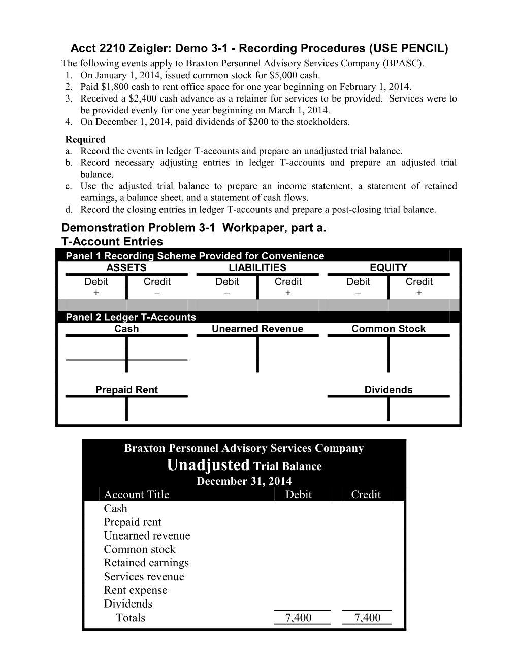 Acct 2210 Zeigler: Demo 3-1 - Recording Procedures (USE PENCIL)