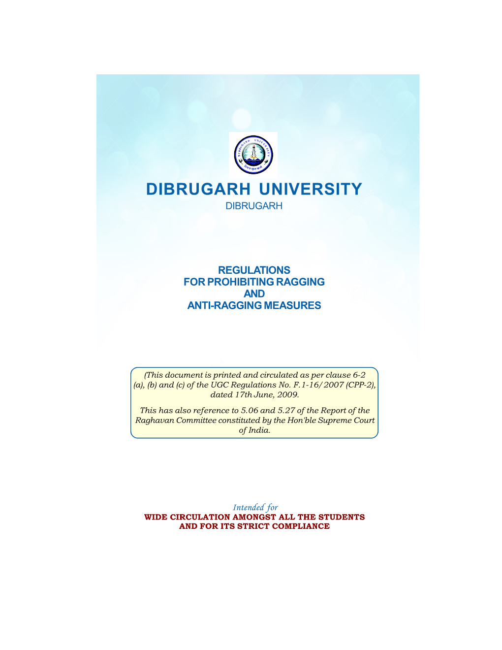 Dibrugarh University Anti Ragging Regulations