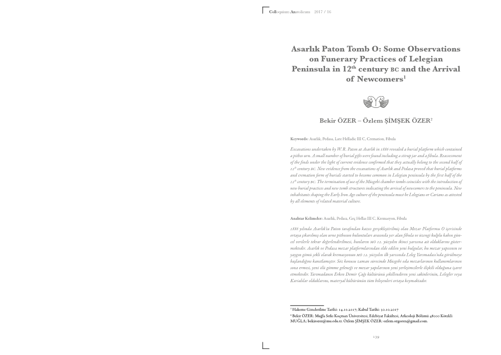 Some Observations on Funerary Practices of Lelegian Peninsula in 12Th Century Bc and the Arrival of Newcomers1