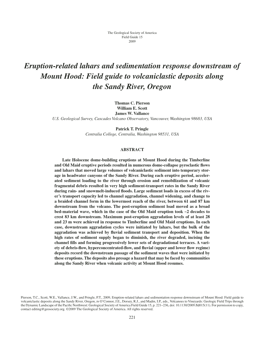 Eruption-Related Lahars and Sedimentation Response Downstream of Mount Hood: Field Guide to Volcaniclastic Deposits Along the Sandy River, Oregon