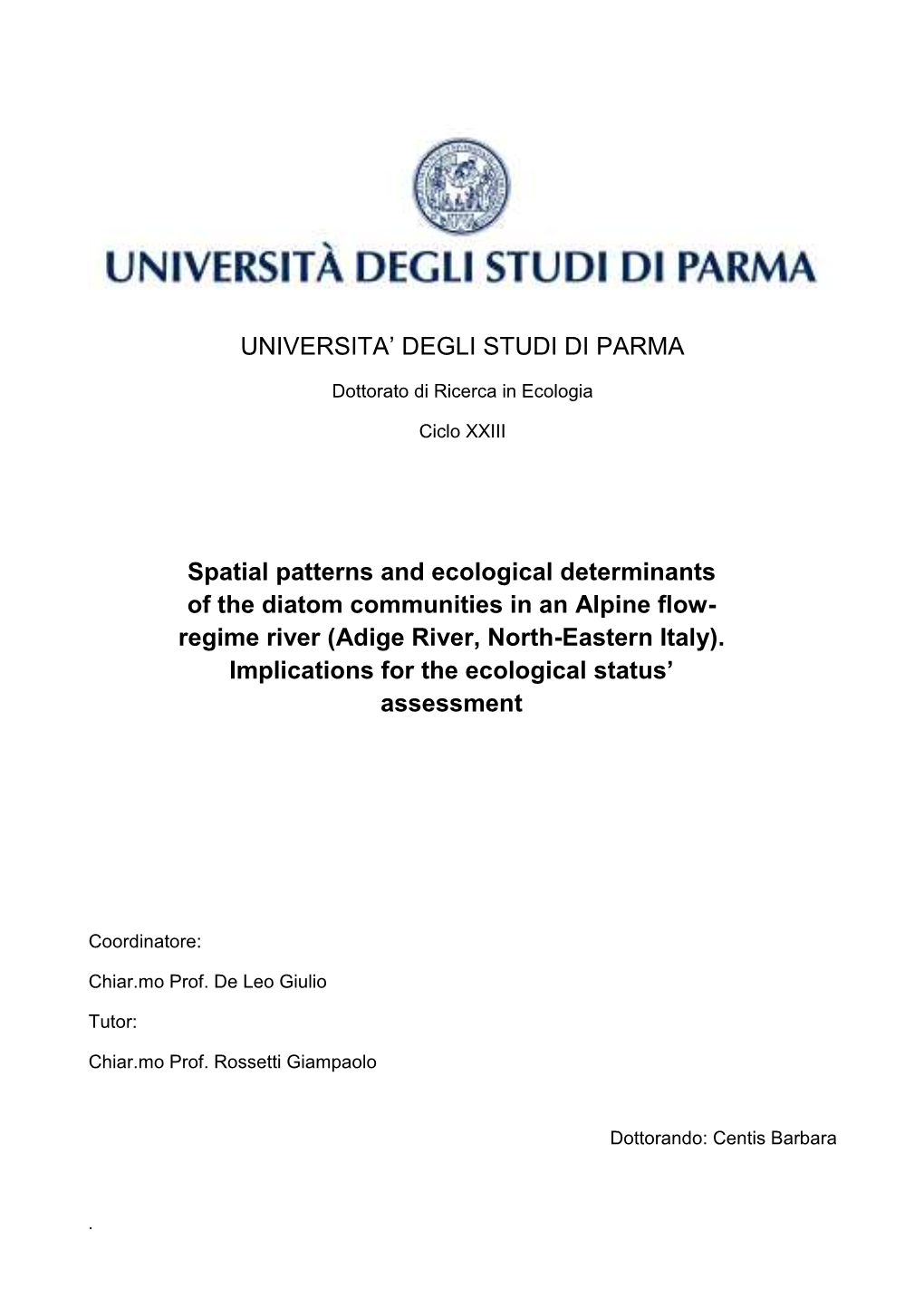 UNIVERSITA' DEGLI STUDI DI PARMA Spatial Patterns