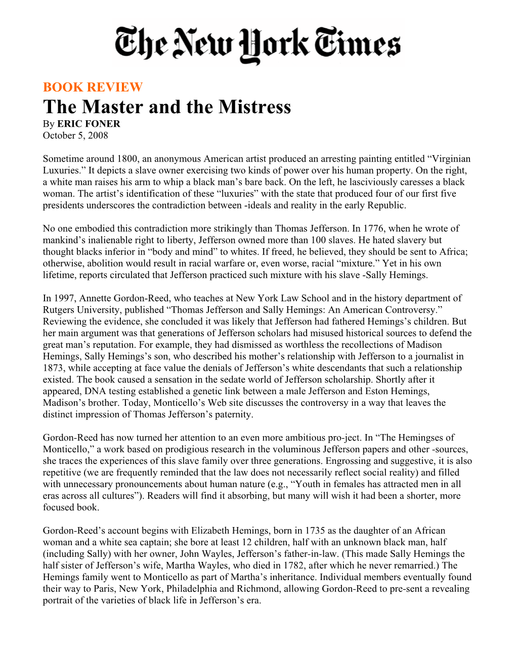 The Master and the Mistress by ERIC FONER October 5, 2008