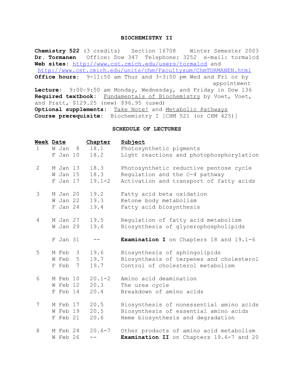 Chemistry 522 (3 Credits) Section 16708 Winter Semester 2003