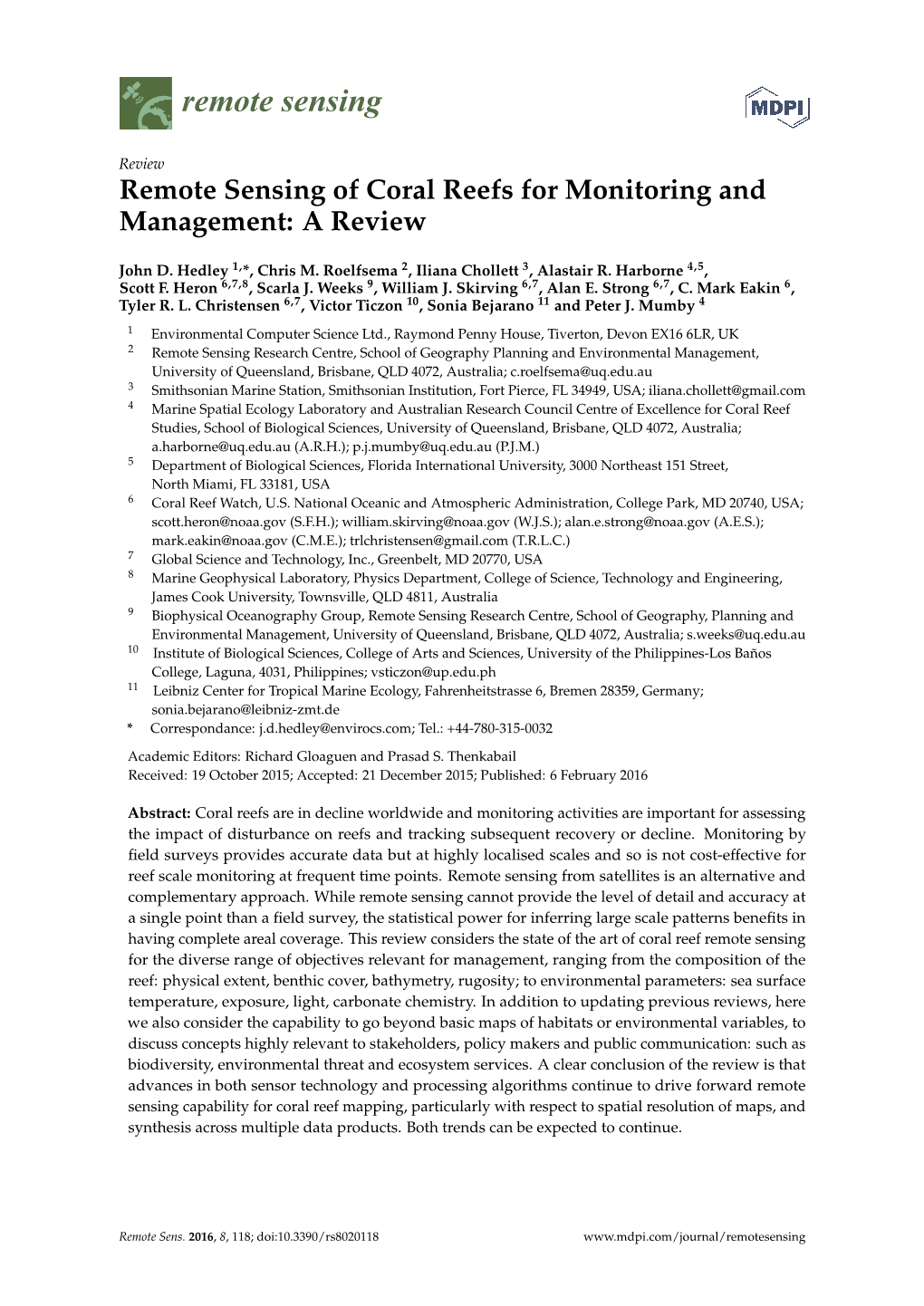 Remote Sensing of Coral Reefs for Monitoring and Management: a Review