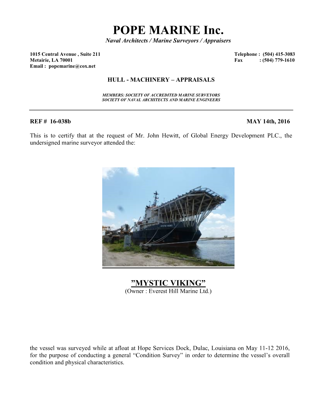 POPE MARINE Inc. Naval Architects / Marine Surveyors / Appraisers