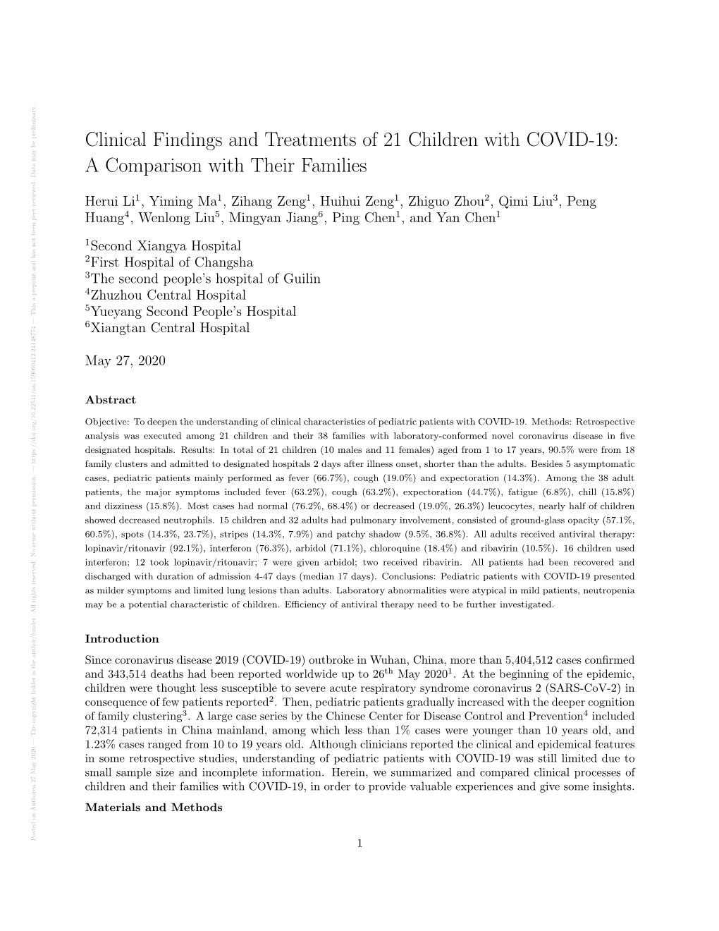 Clinical Findings and Treatments of 21 Children with COVID-19
