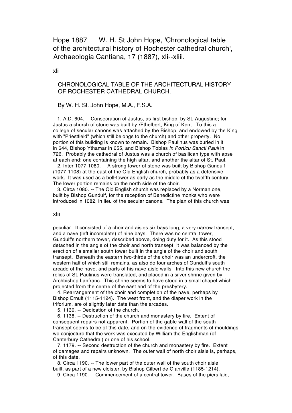 Chronological Table of the Architectural History of Rochester Cathedral Church', Archaeologia Cantiana, 17 (1887), Xli--Xliii