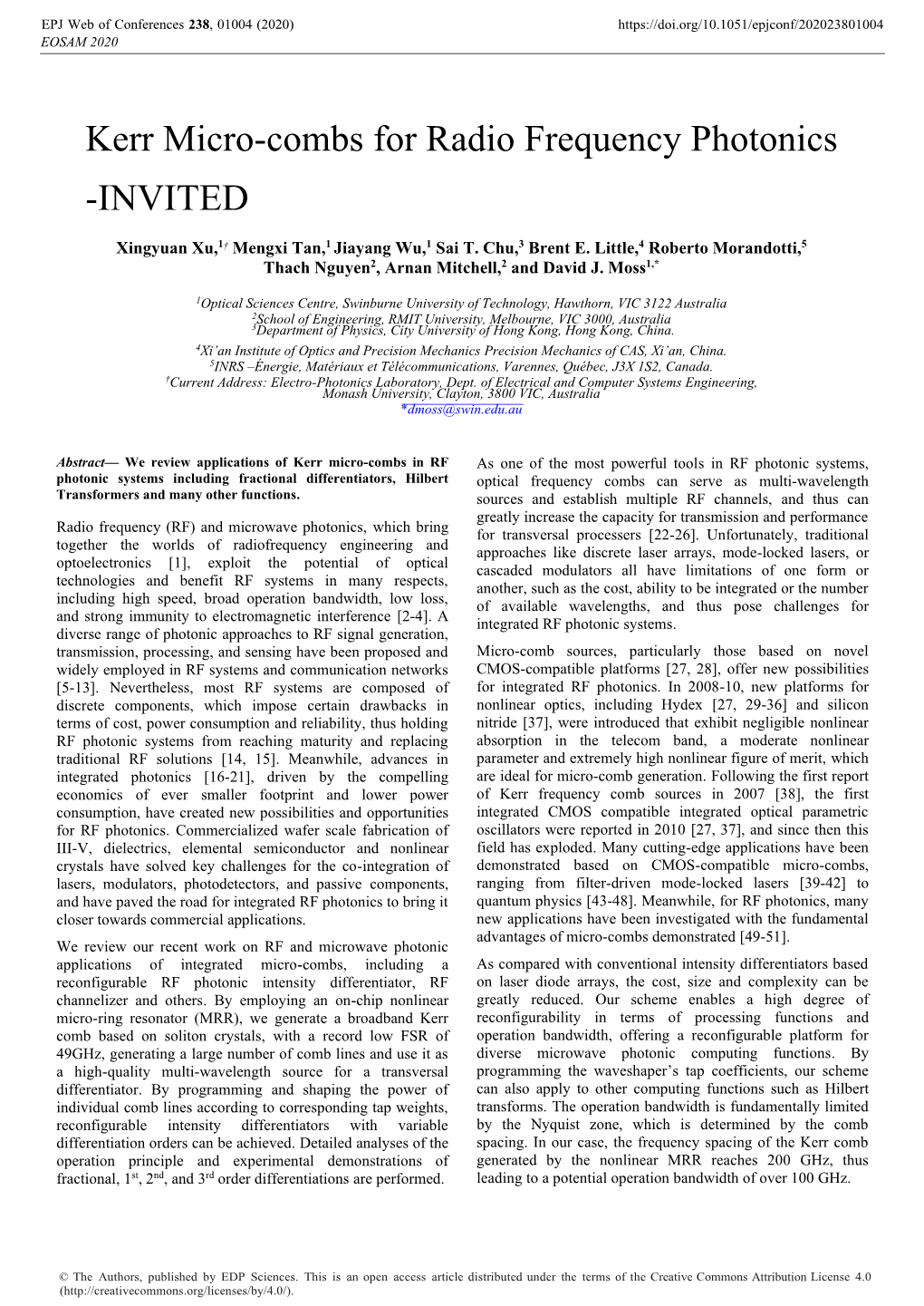 Kerr Micro-Combs for Radio Frequency Photonics -INVITED