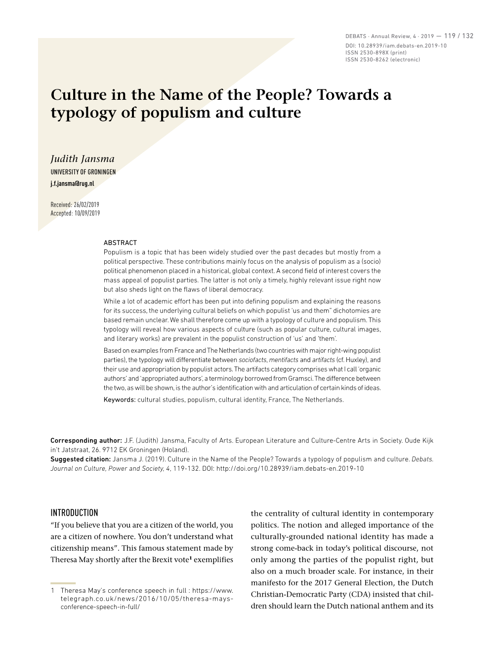 Towards a Typology of Populism and Culture