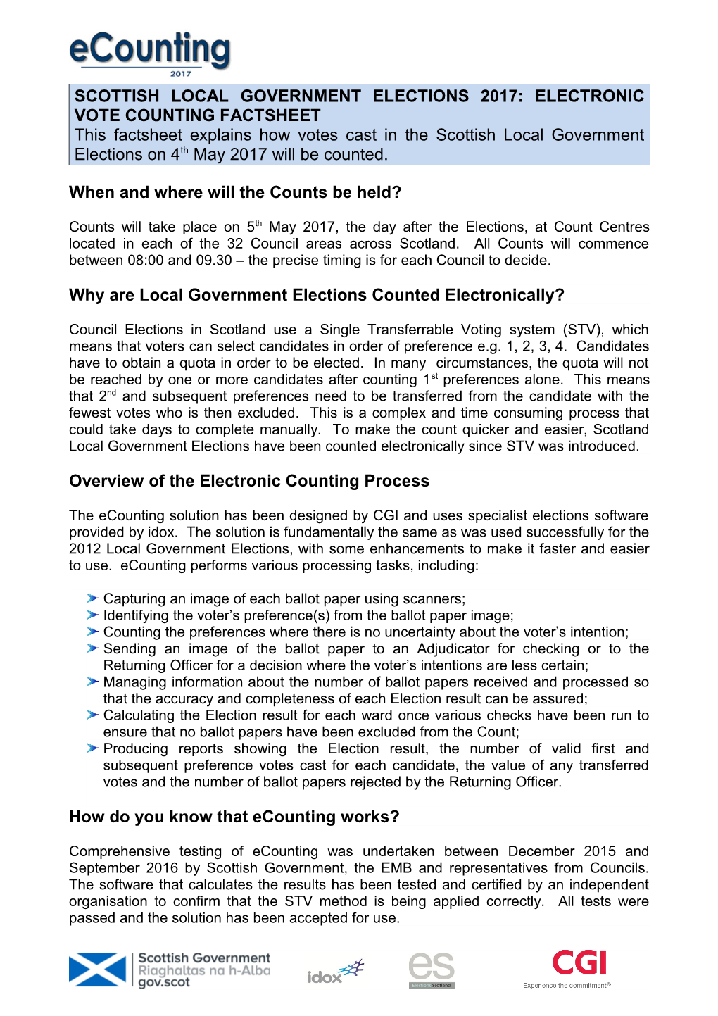 Scottish Local Government Elections 2017: Electronic Vote Counting Factsheet